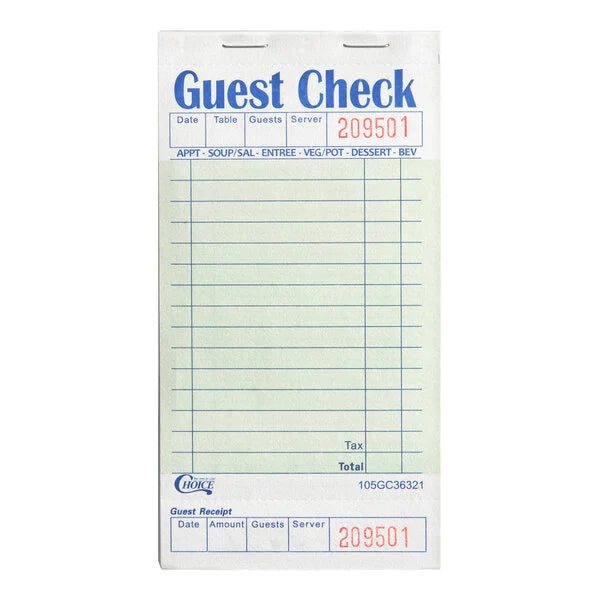 Guest Check 1 Part With Stub