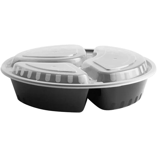 38 oz Black Round 3 compartment Container
