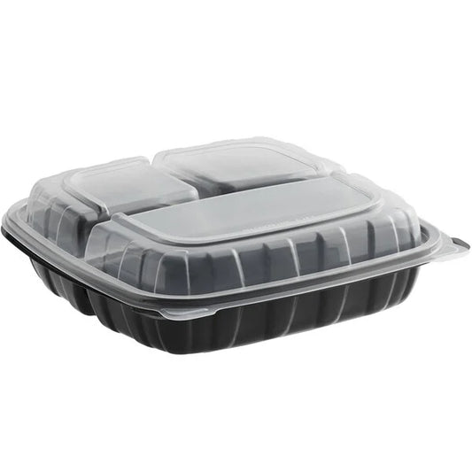 9x9x3 Microwaveable 3 compartment Black/Clear Plastic Hinged Lid Container