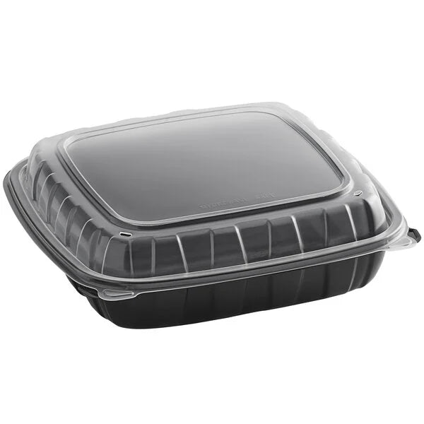 9x9x3 Microwaveable 1 compartment Black/Clear Plastic Hinged Lid Containe