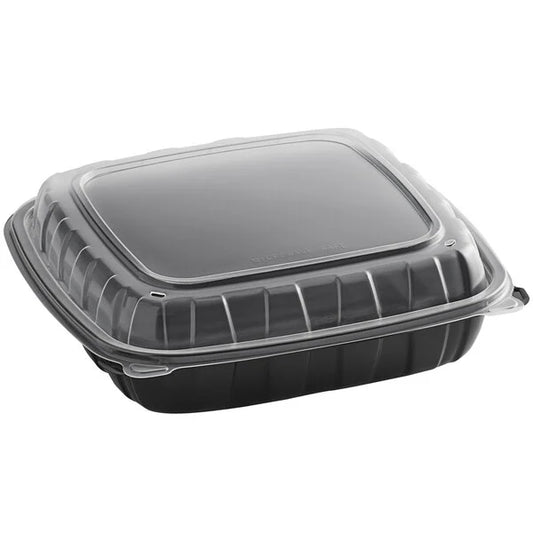 9x9x3 Microwaveable 1 compartment Black/Clear Plastic Hinged Lid Containe
